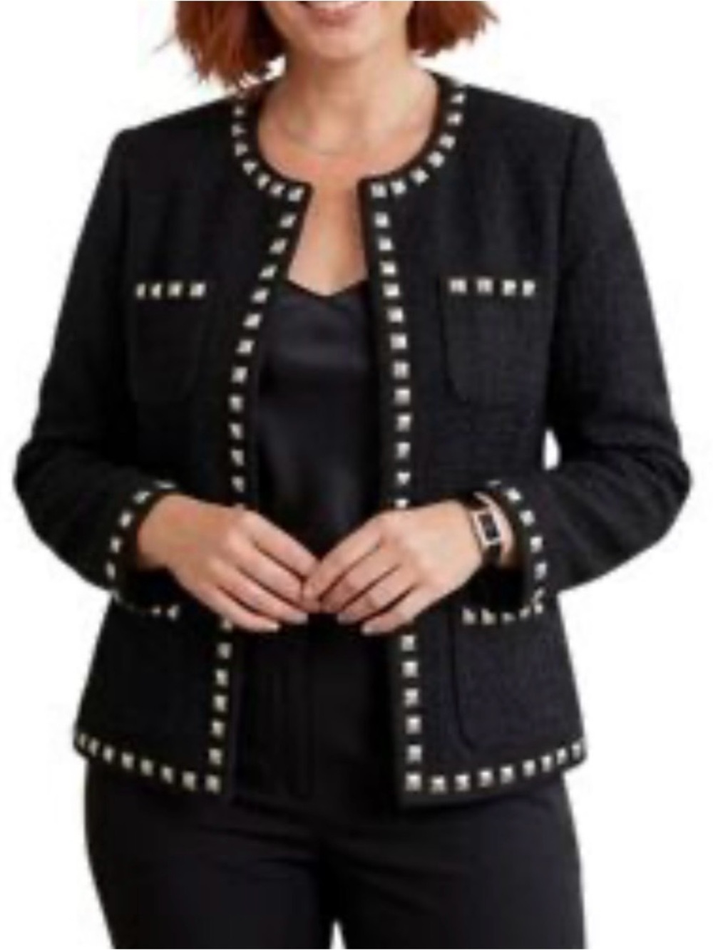 Chico's Black Glam Shantal Textured Stud-Trim Tweed Jacket